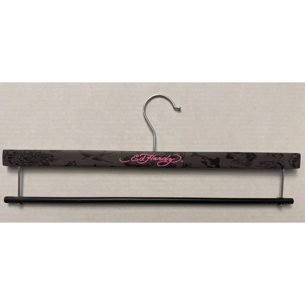 Ed Hardy Pant Hanger Gray Black Tattoo Print Pink Logo‎ Wood Clamp Style